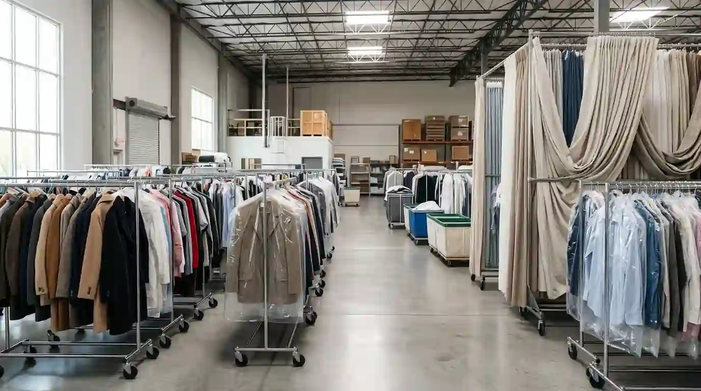 Cleaned clothing and curtains on a rack