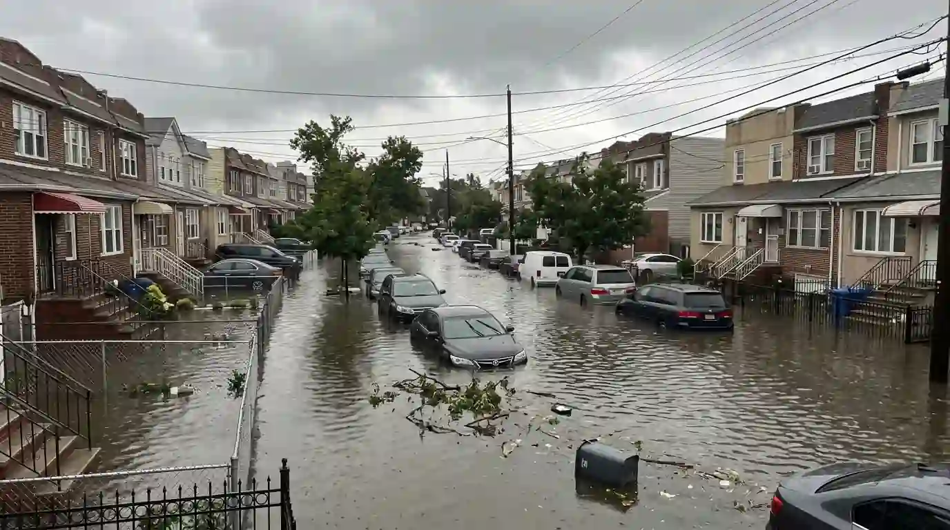 Flooded residential street after a cloudburst