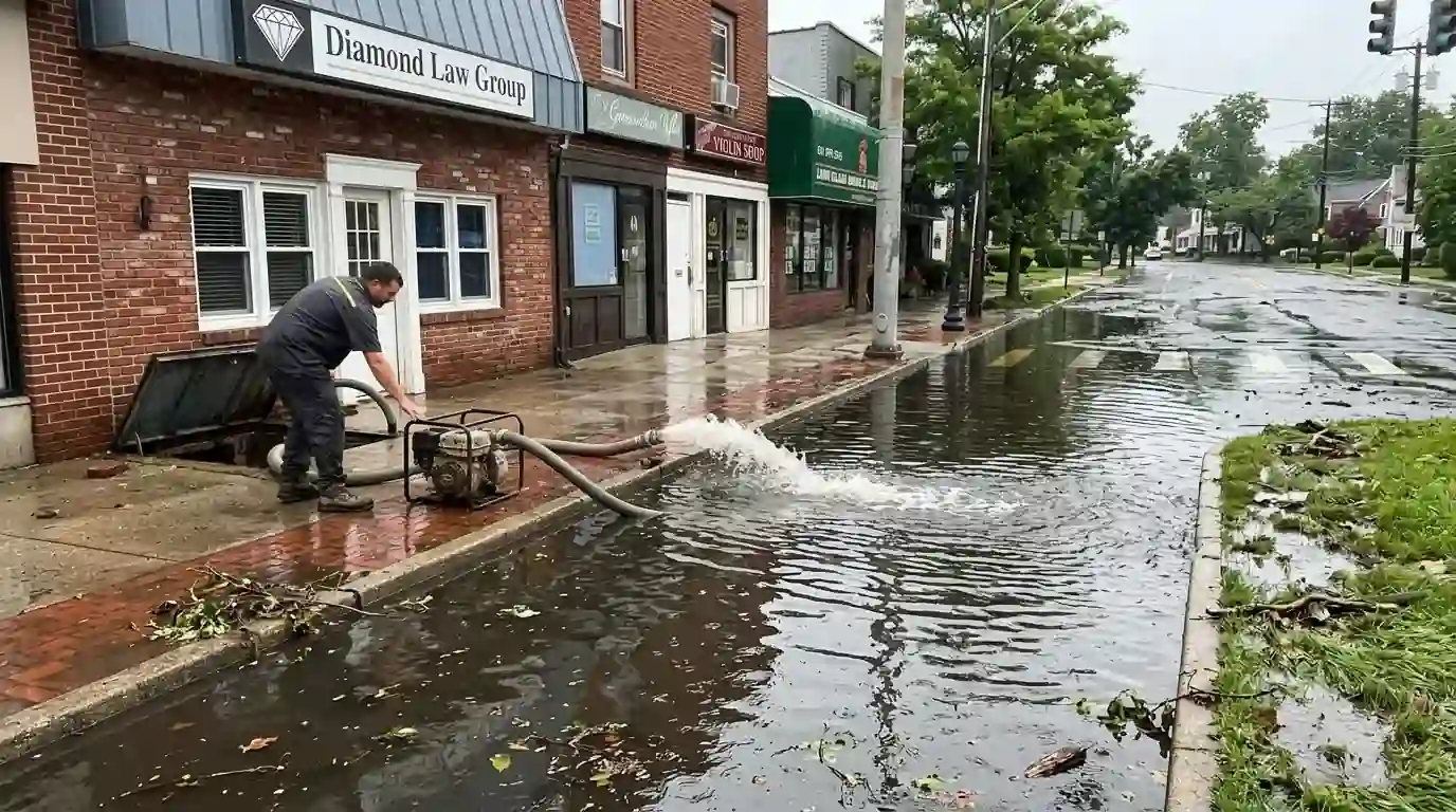 Pumping out a basement after flash flooding in Smithtown