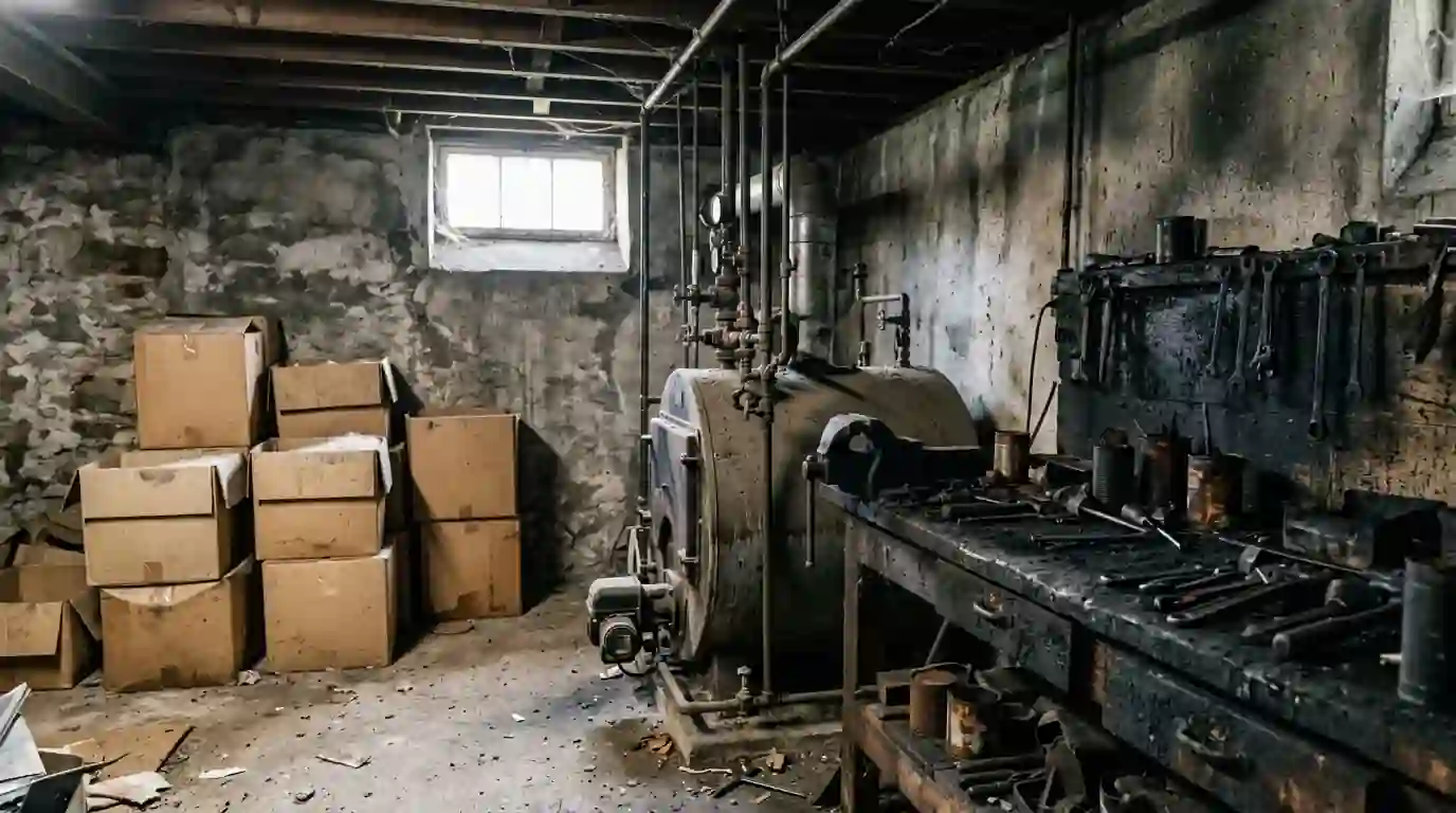 Soot-coated storage boxes beside an oil boiler