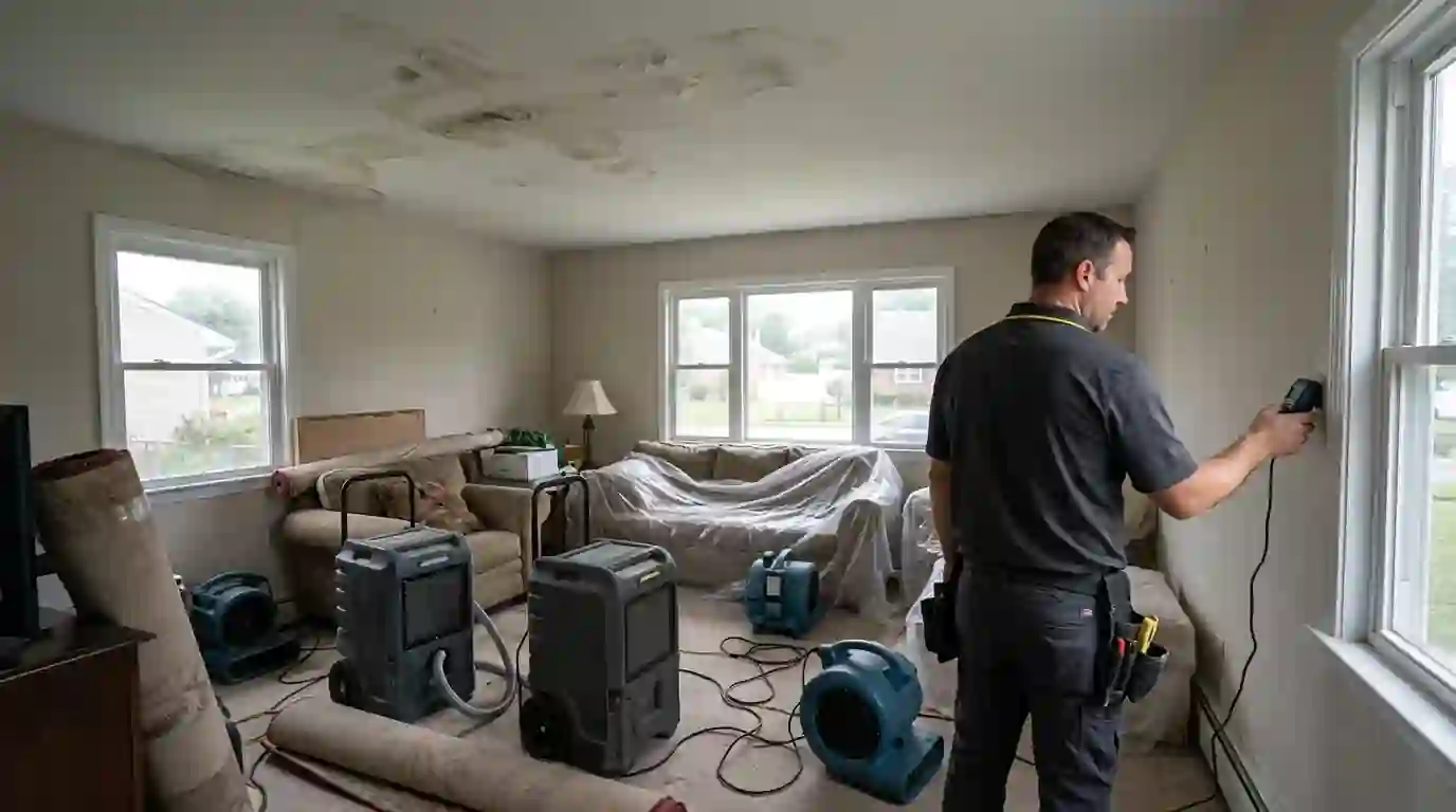 Drying equipment in a storm-damaged living room