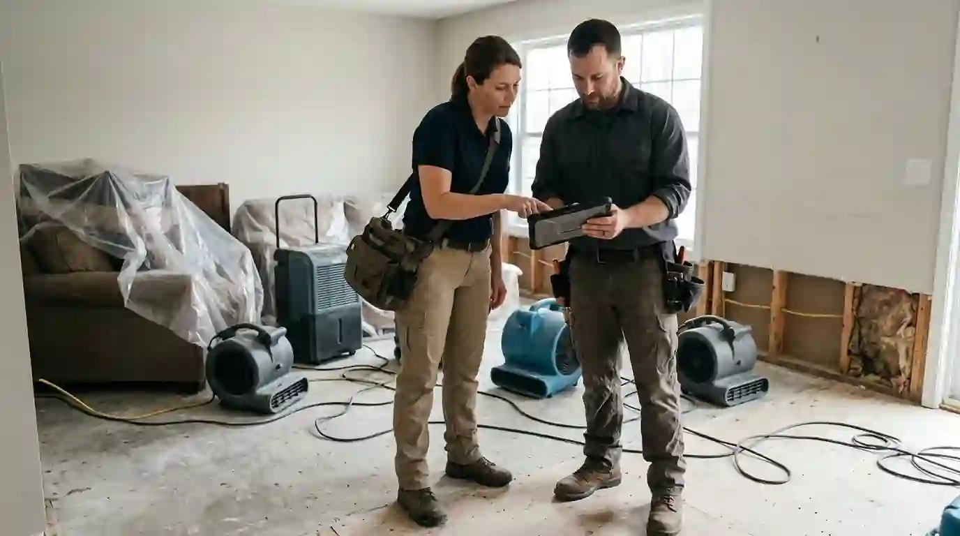 Adjuster and technician reviewing photos during drying