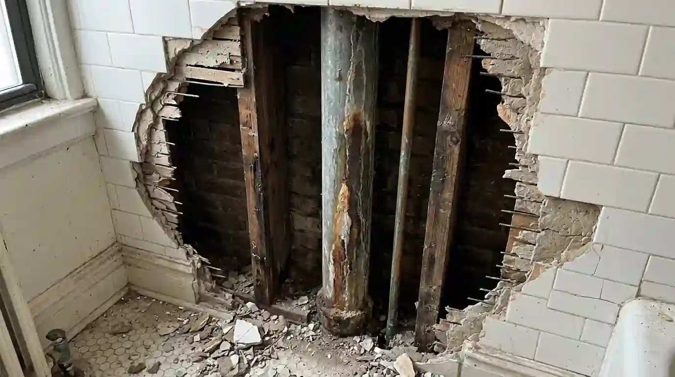 Water riser exposed in an opened bathroom wall
