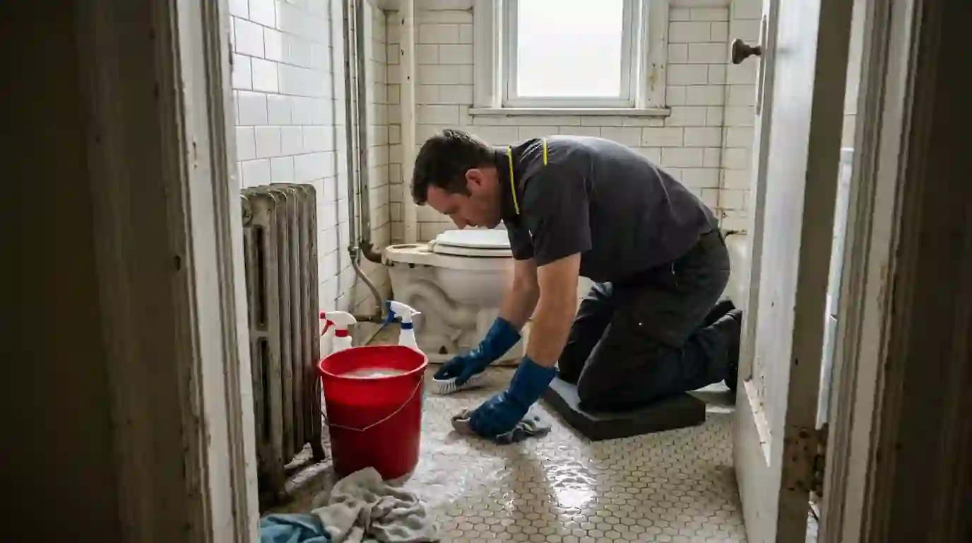 Technician cleaning around a toilet base on a hexagon tile floor