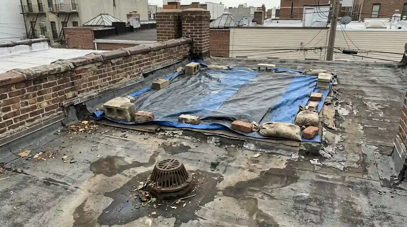 Weighted cover over a damaged flat roof behind a parapet
