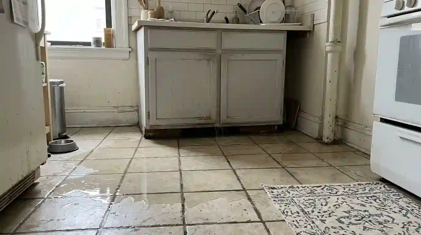 Clean water spreading from under a kitchen sink