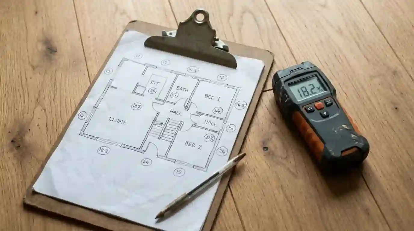 Moisture readings marked on a floor plan sketch