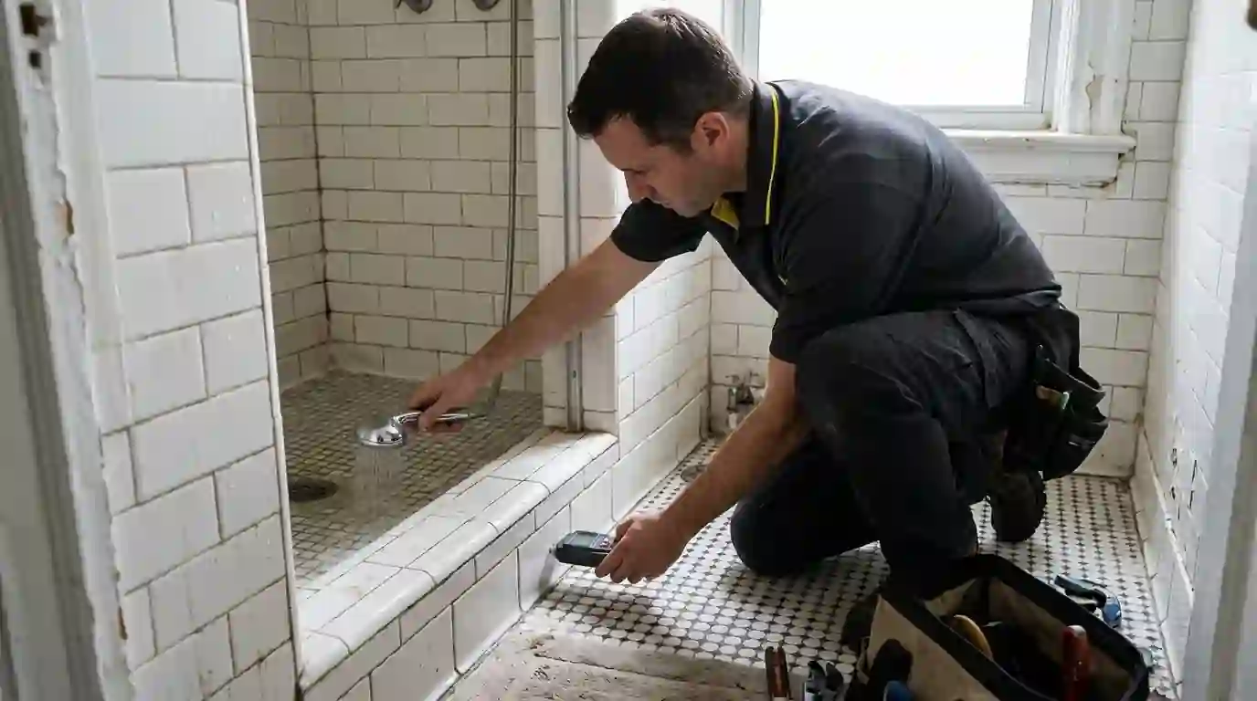 Technician testing a shower floor for leaks with a moisture meter