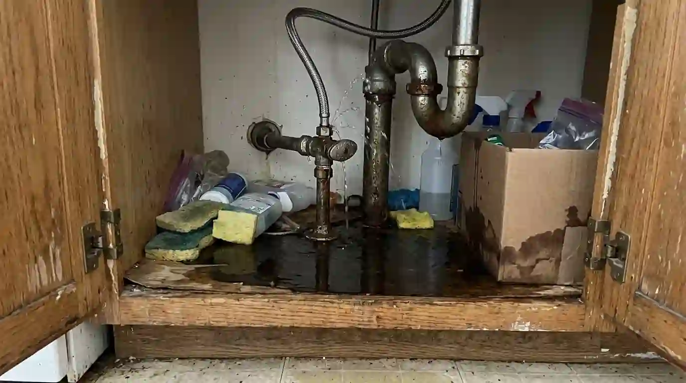 Burst braided supply hose under a kitchen sink
