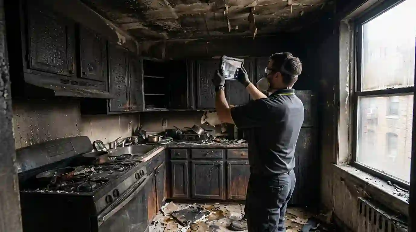 Technician documenting a fire-damaged kitchen