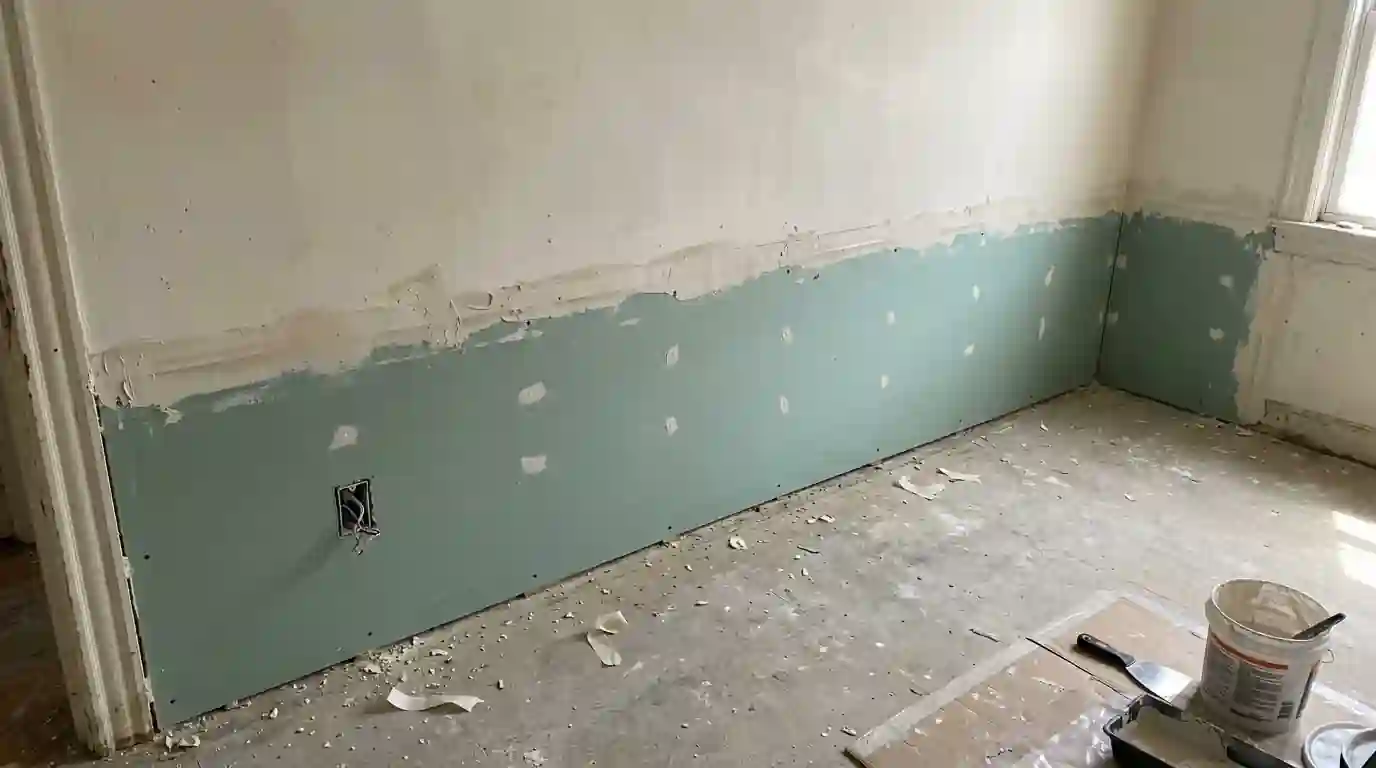 New drywall hung above a flood cut line
