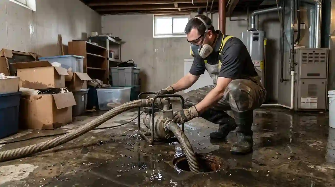 Technician in protective gear pumping out a sewage backup