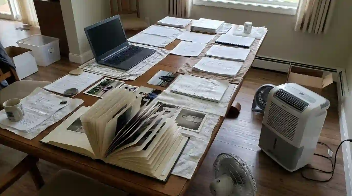 Electronics and papers set out for drying