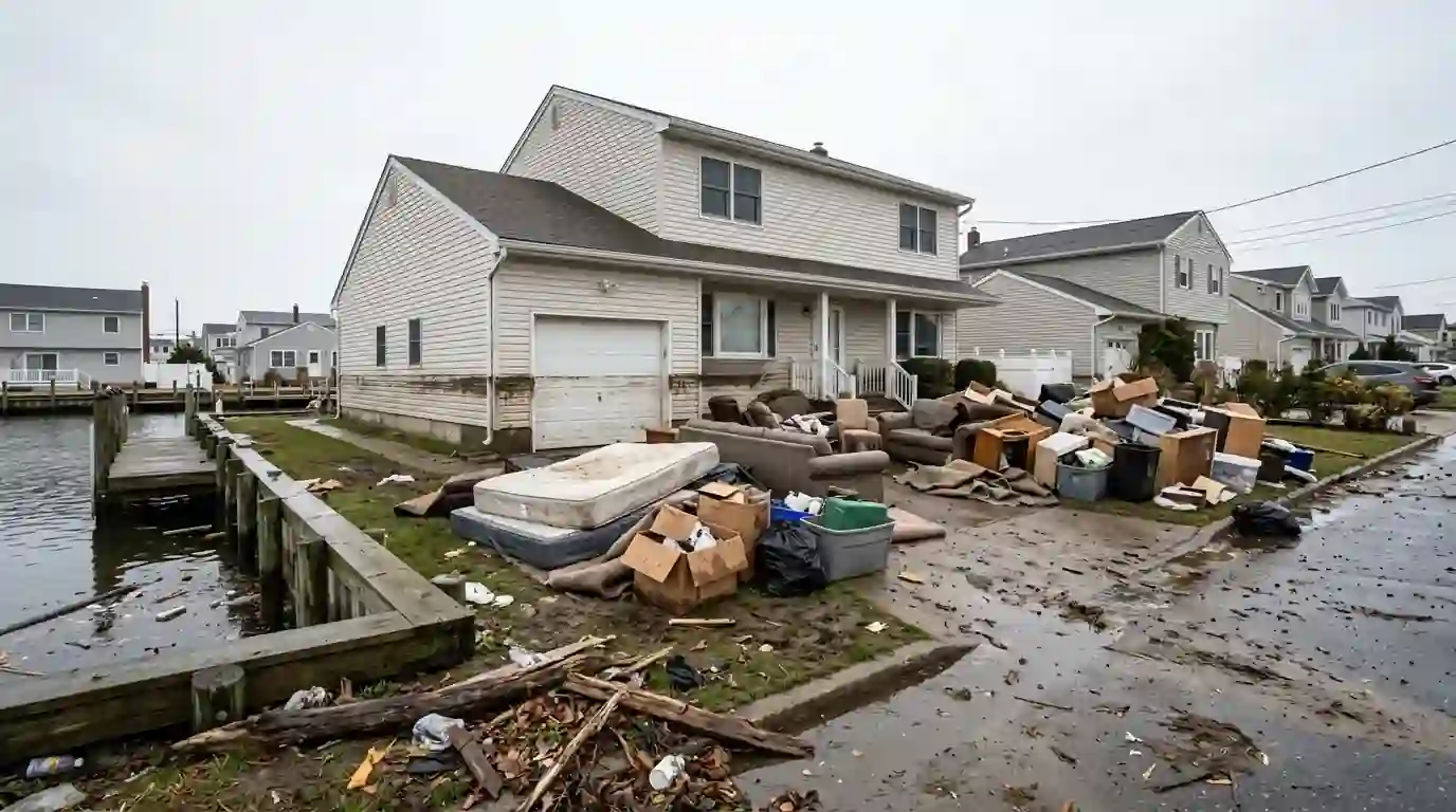 Canal-front house after a coastal storm in Lindenhurst