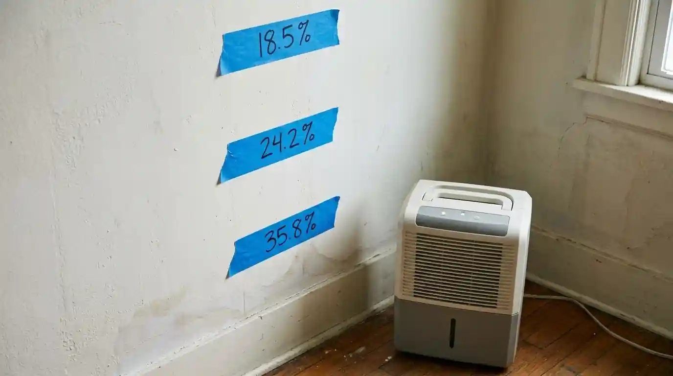 Moisture readings marked on a plaster wall during drying