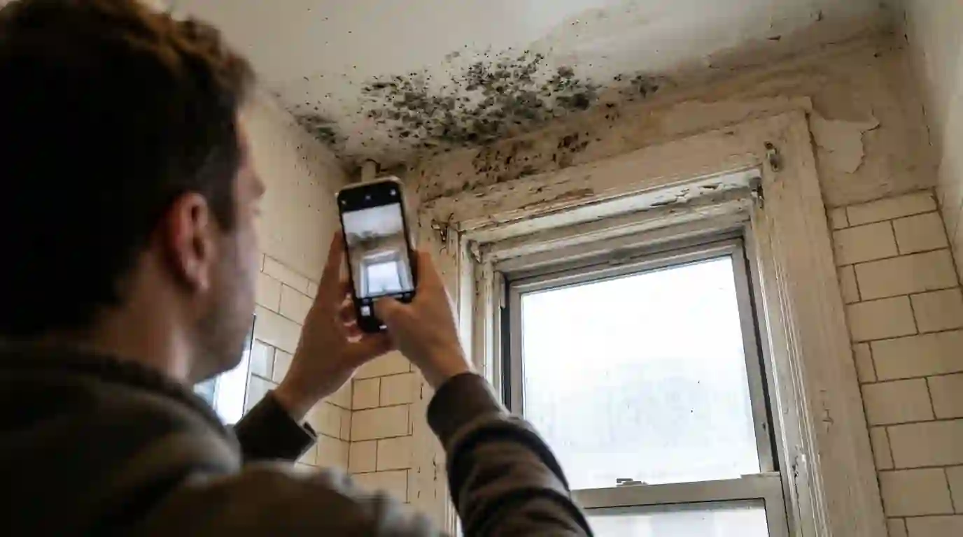 Tenant photographing mold on a bathroom ceiling