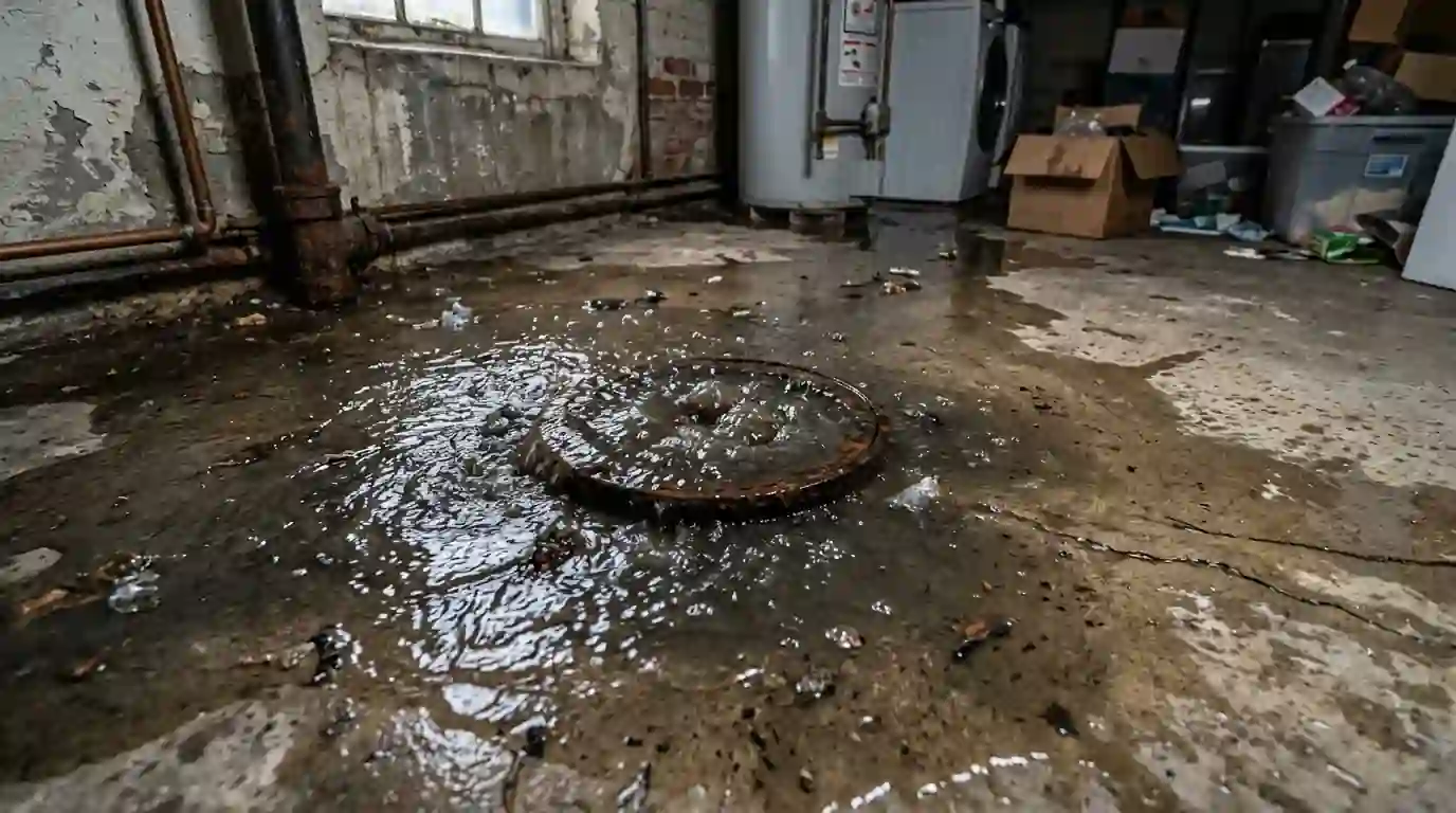 Floor drain overflowing in a basement during heavy rain