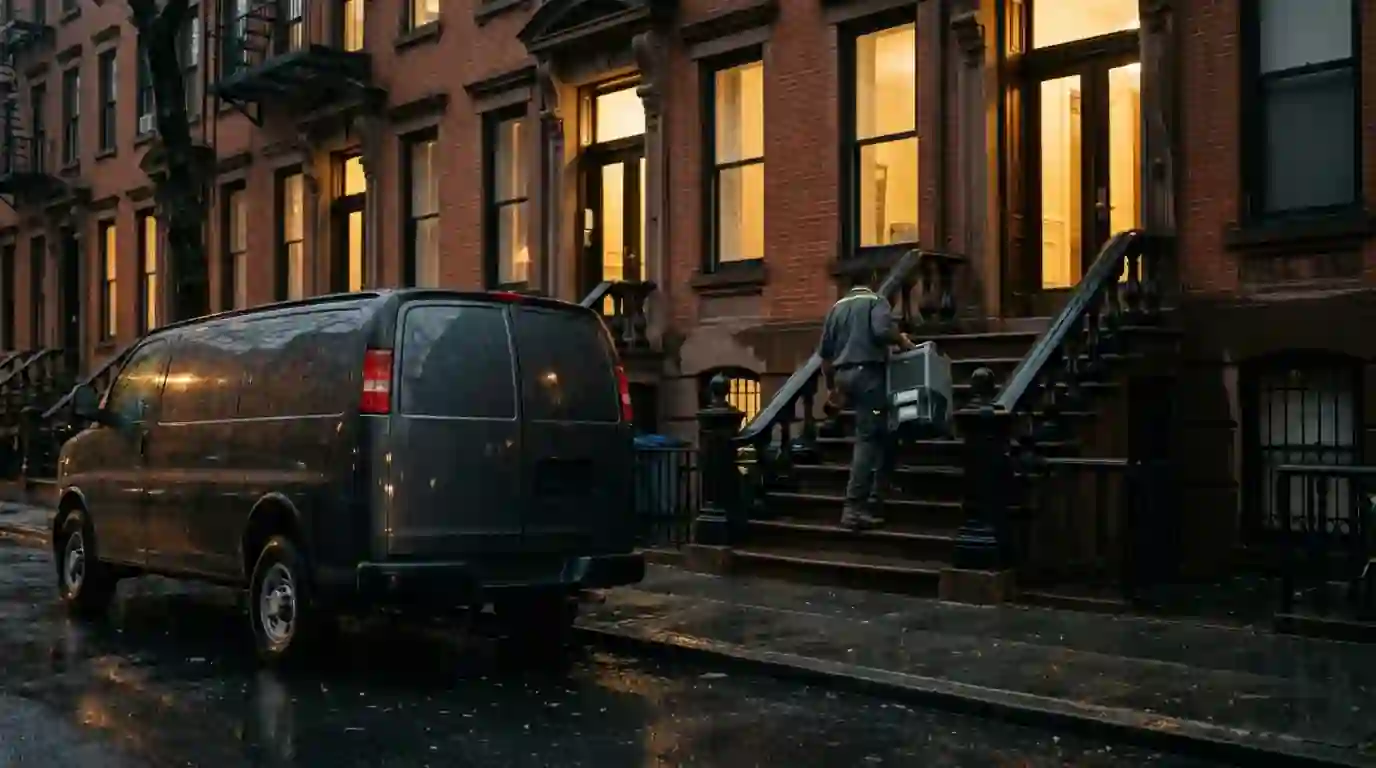 Row of brownstones on a rainy evening