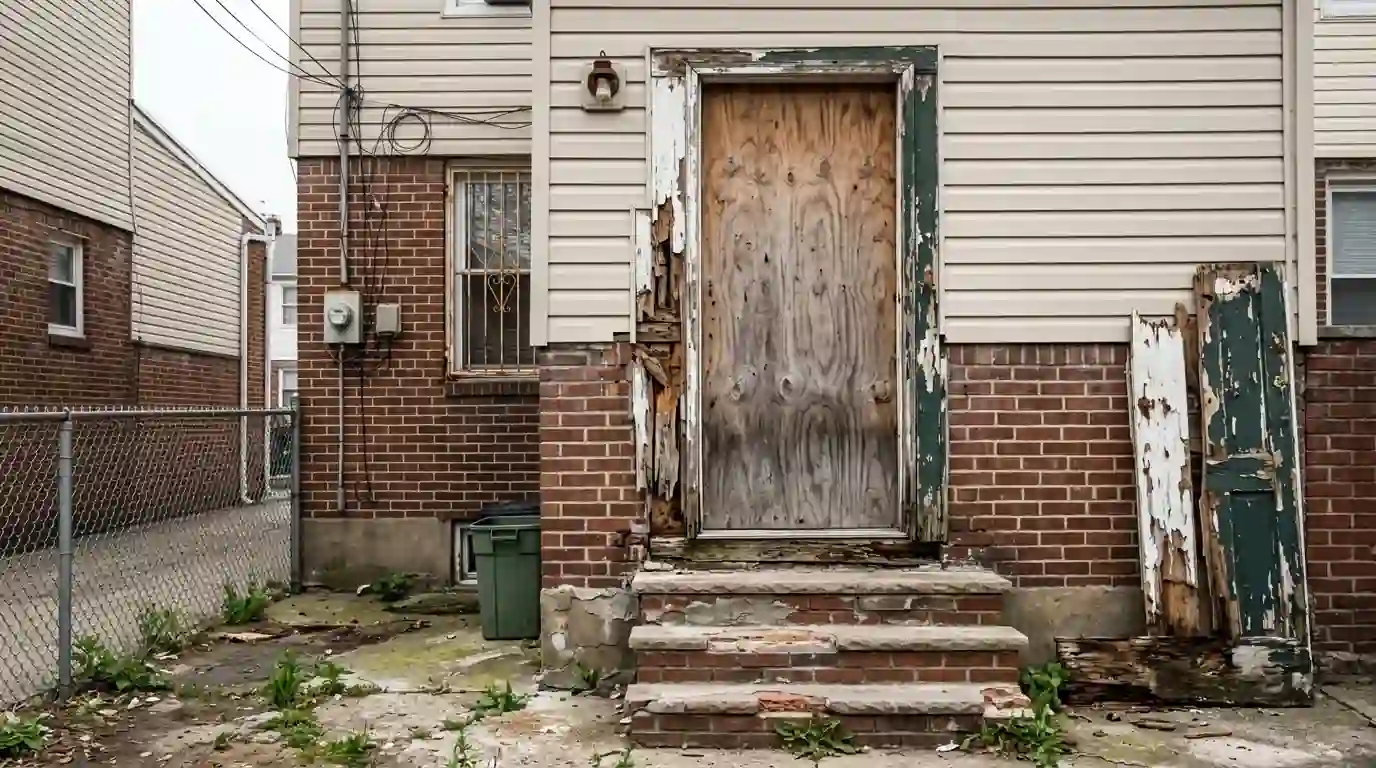 Plywood securing a broken back door