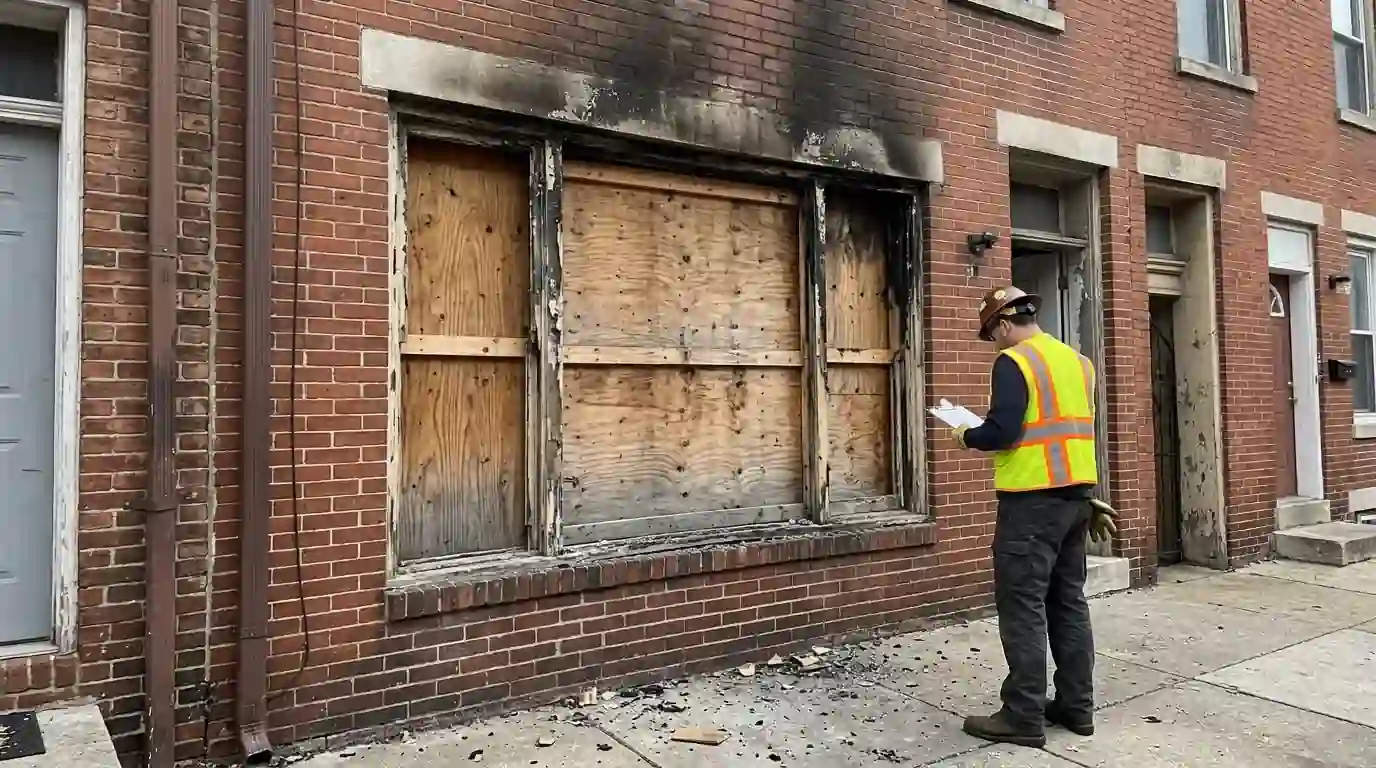 Fitted plywood board-up over a fire-damaged window