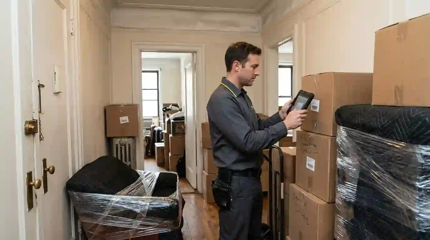 Labeled boxes and wrapped furniture during a pack-out