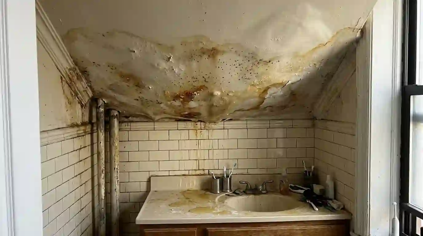 Stained bathroom ceiling below an overflowing toilet upstairs