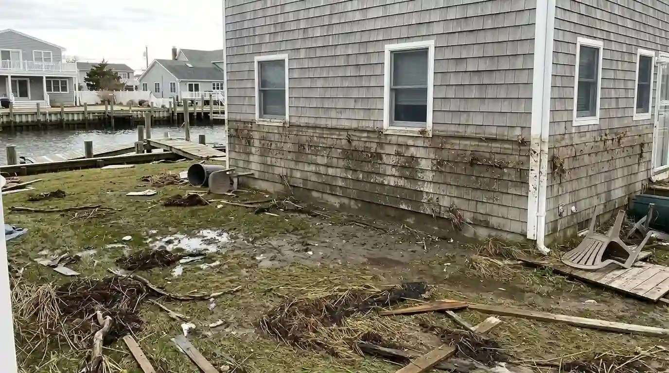 Flood line on a canal-front house after surge