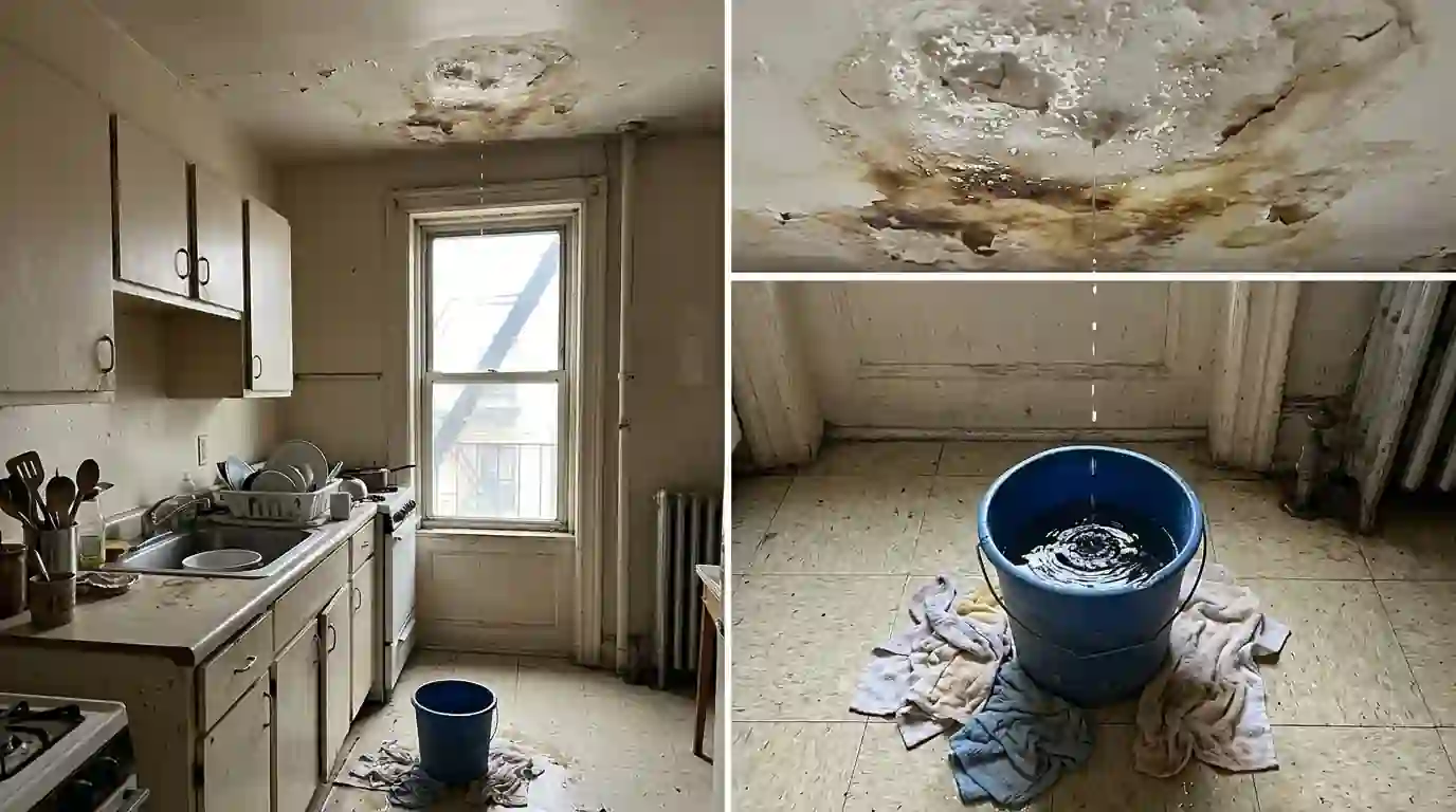 Water dripping from a stained kitchen ceiling into a bucket