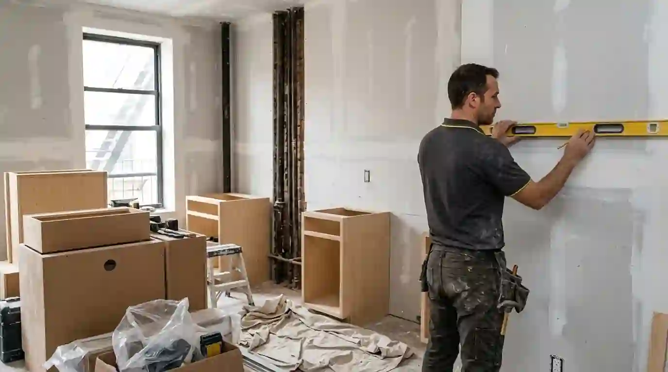 Kitchen mid-rebuild with new drywall and cabinet boxes