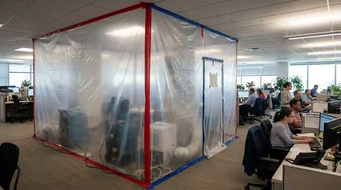Office floor with containment around a drying area