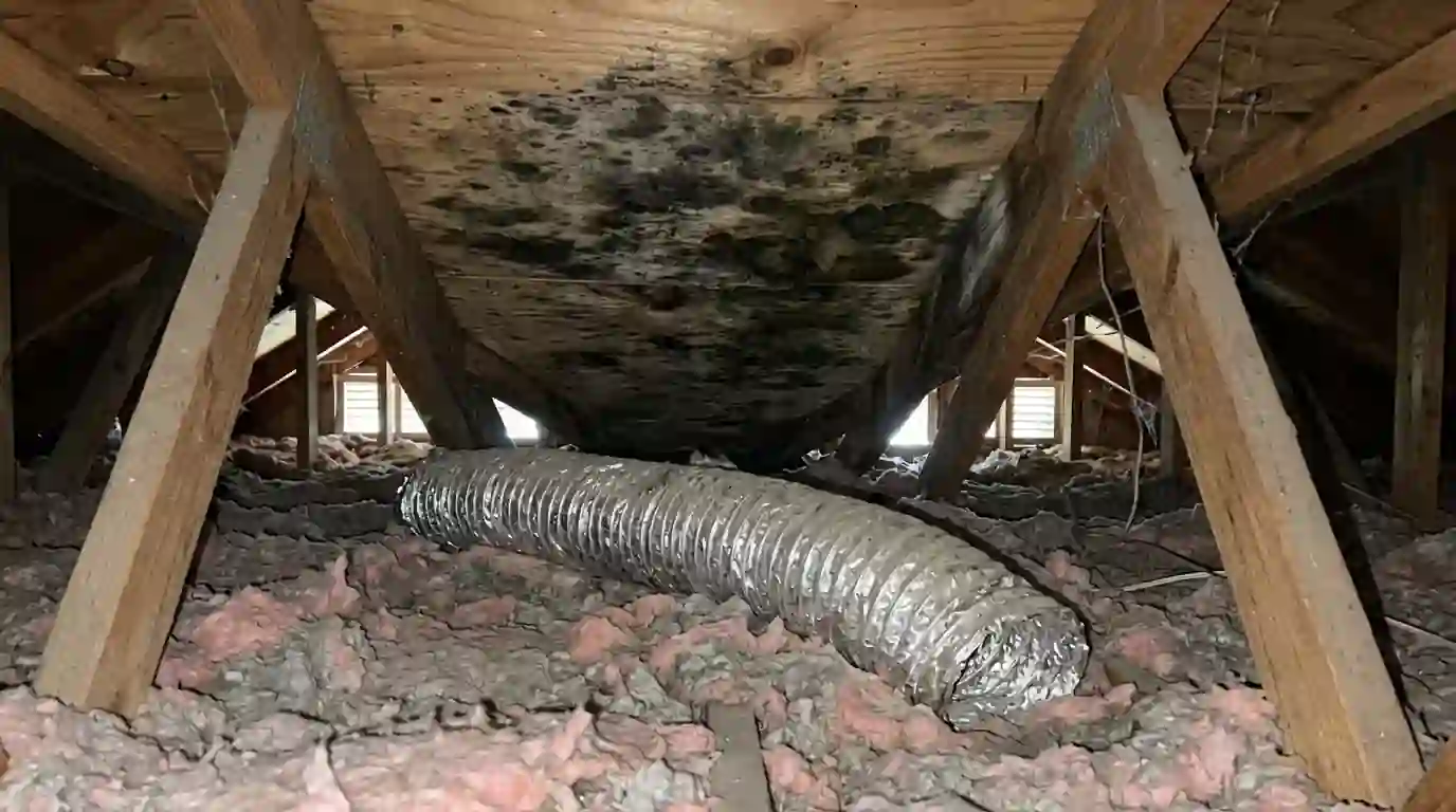 Disconnected bath fan duct under a mold patch in an attic