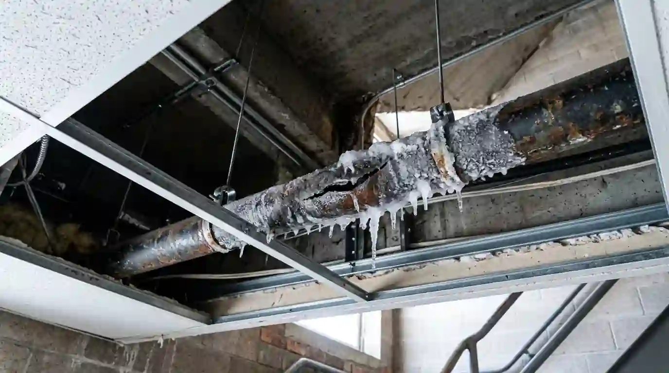 Frozen sprinkler pipe split above a dropped ceiling