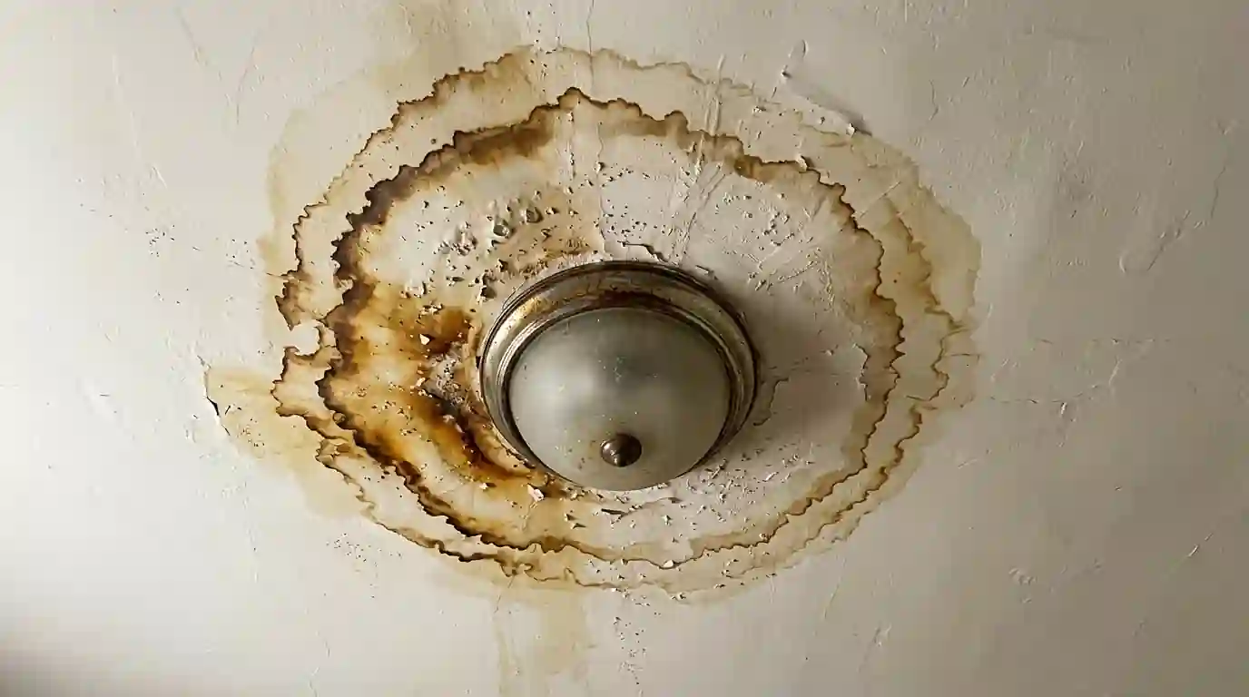 Water stain spreading around a ceiling light fixture