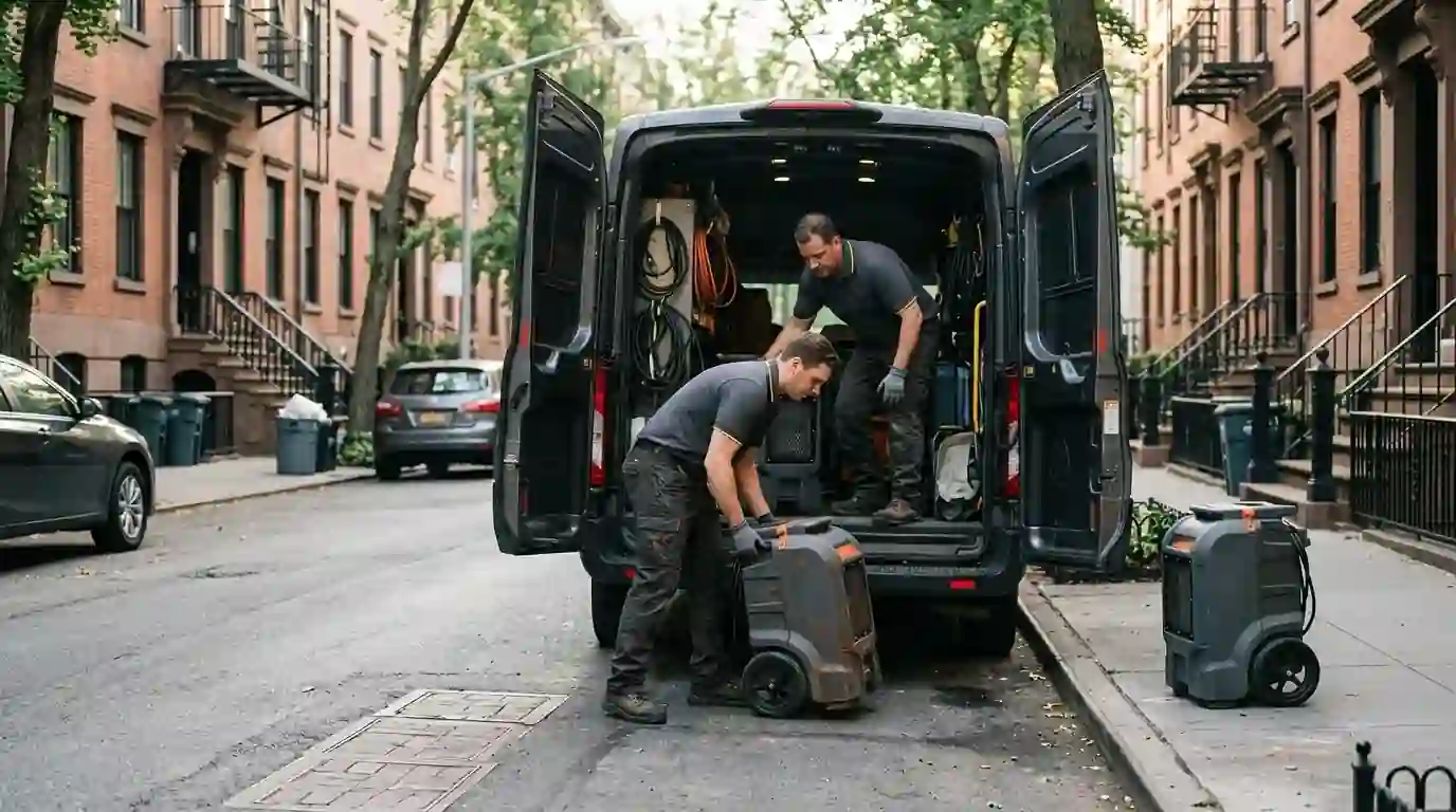 Technicians loading drying equipment into a van on a West Village street