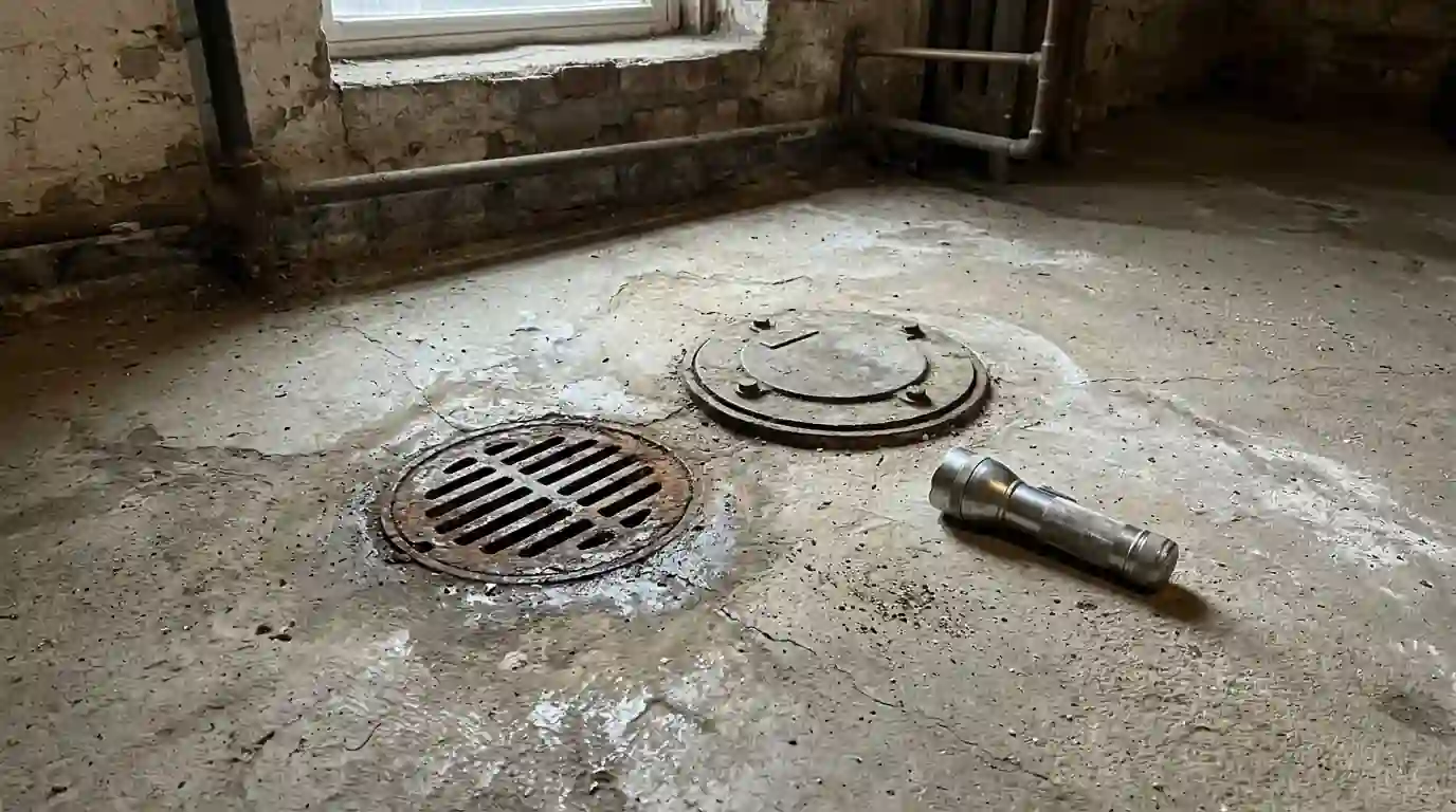 Basement floor drain beside a backwater valve cover