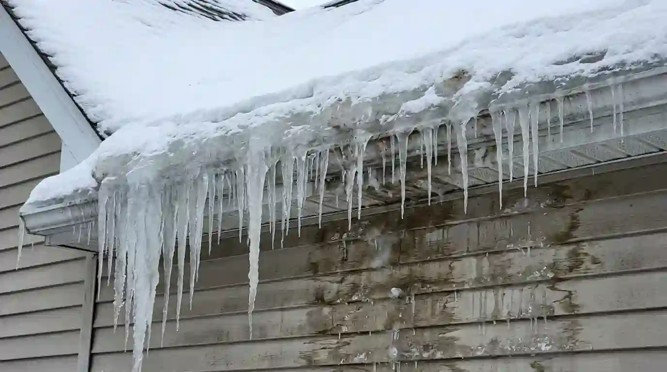 Ice dam along a roof eave with water staining below