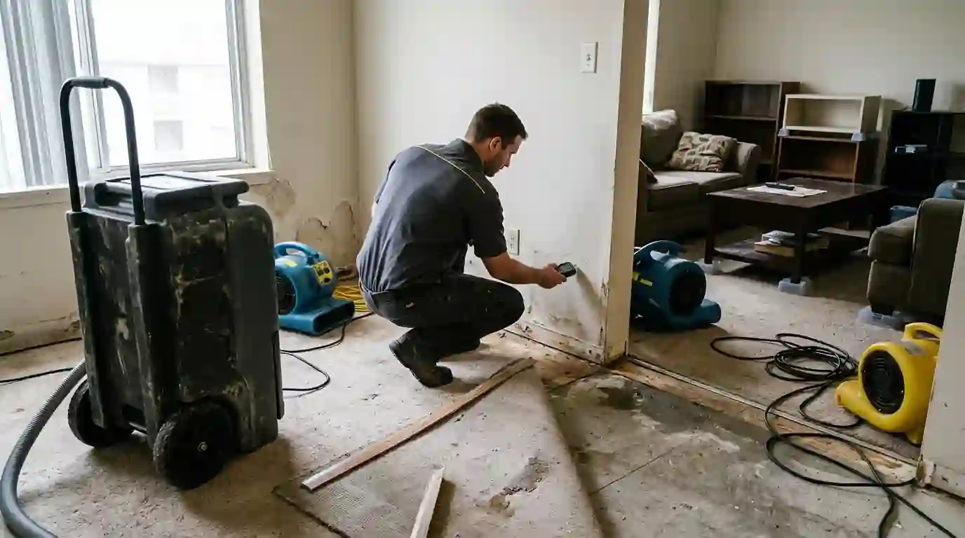 Dehumidifier and air movers drying a room