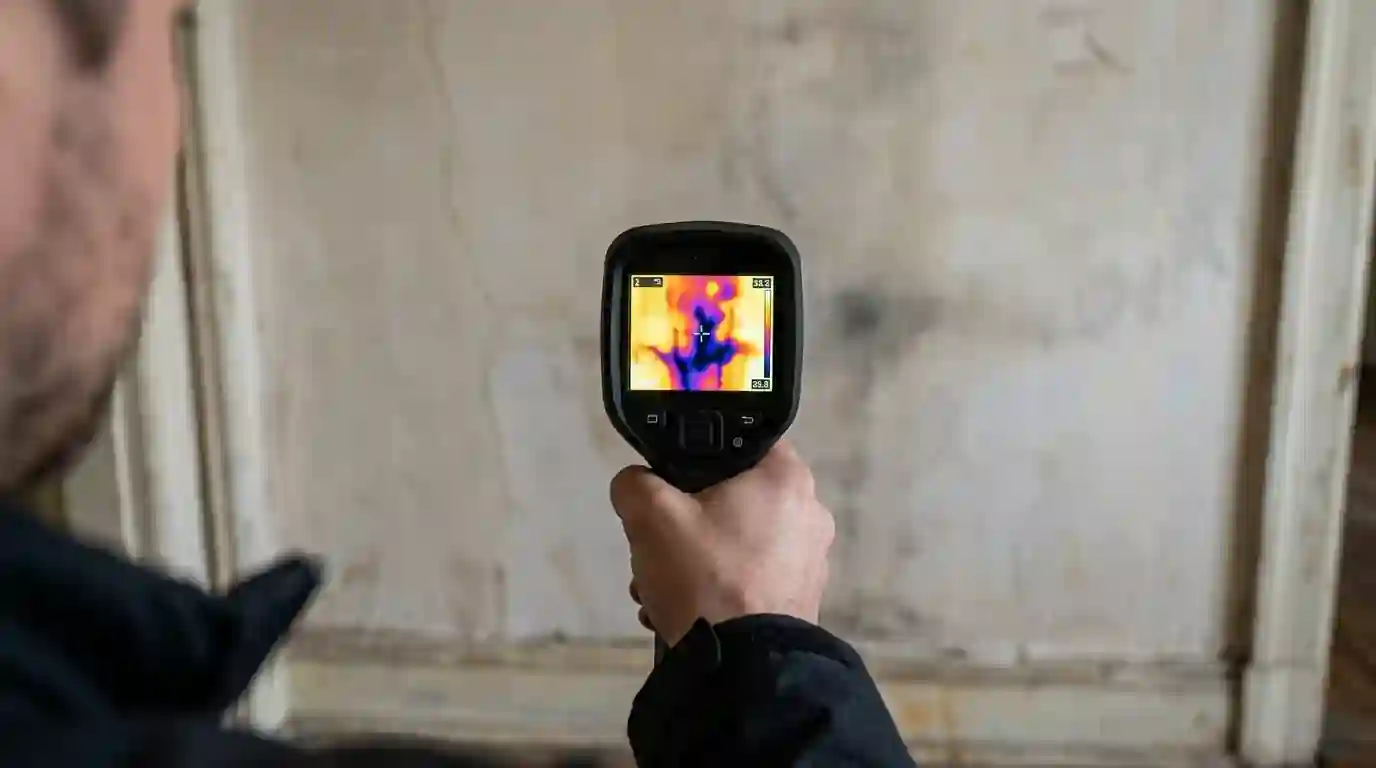 Thermal image of a hidden pipe leak spreading down a plaster wall