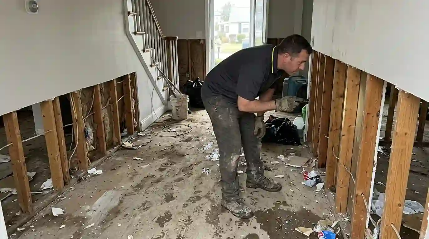 Flooded ground floor with drywall cut out above the water line