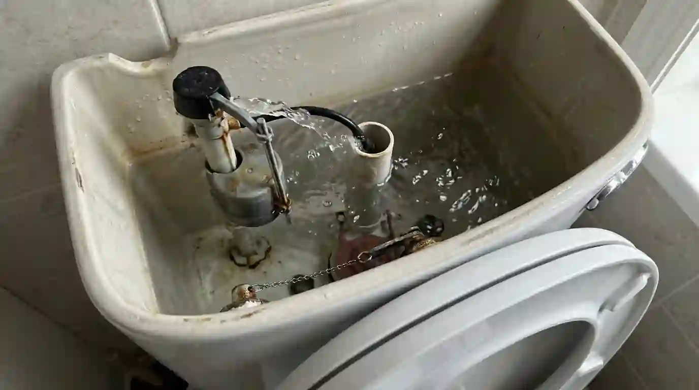 Toilet tank with a stuck fill valve