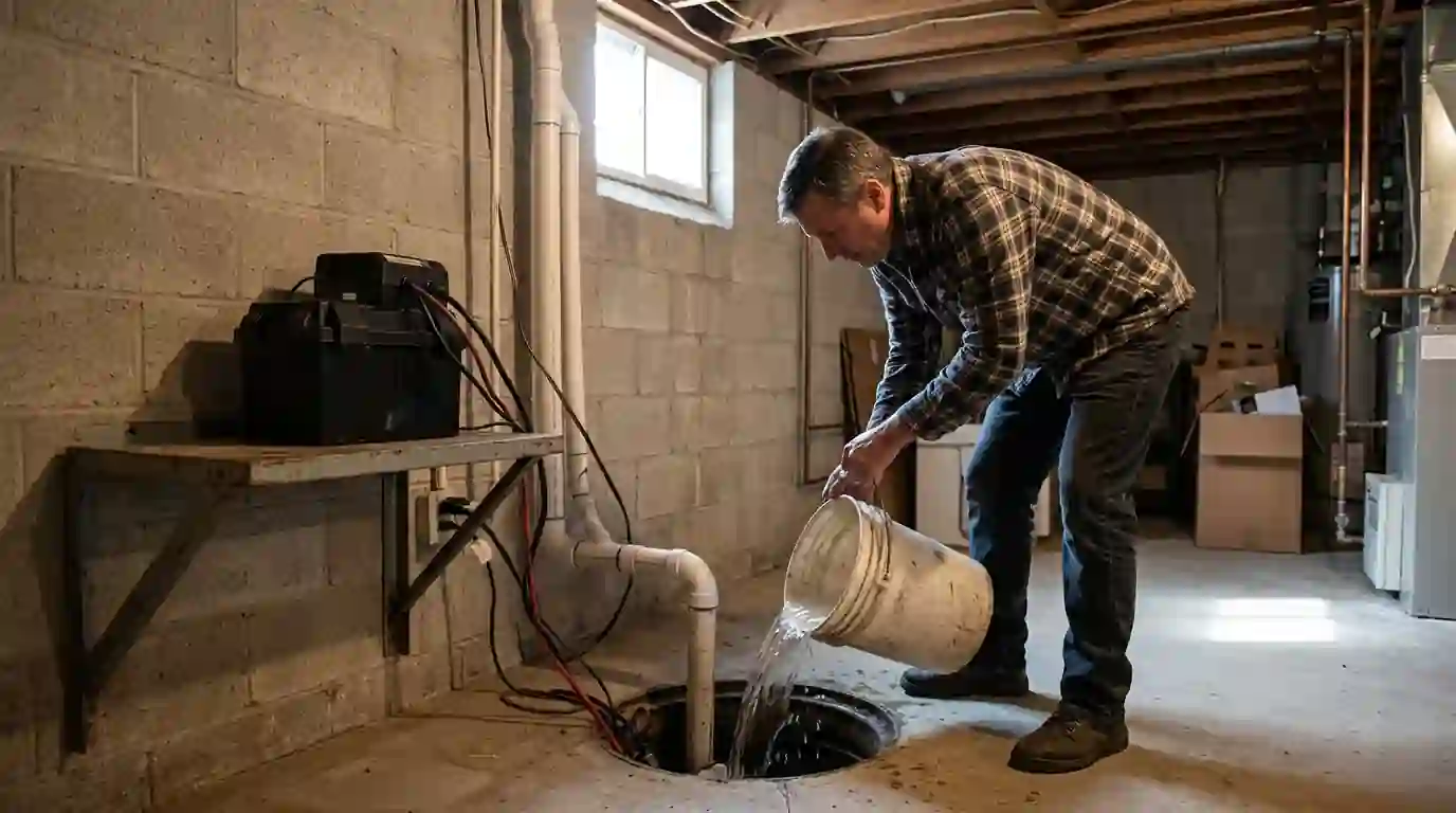 Testing a basement sump pump with a bucket of water