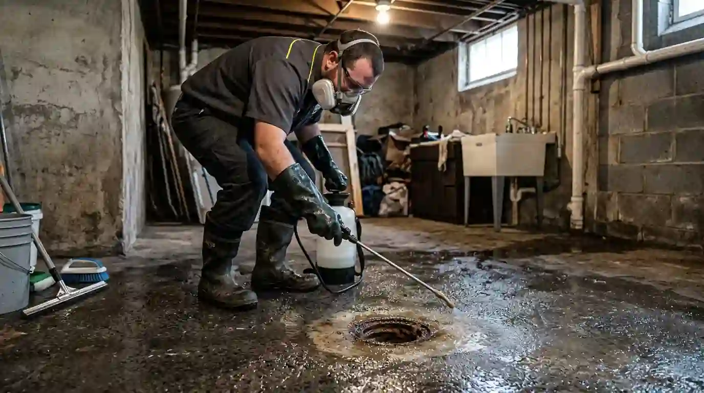 Disinfecting a basement floor around a floor drain