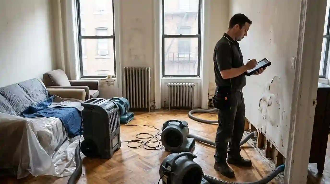 Drying equipment and readings in a water-damaged living room