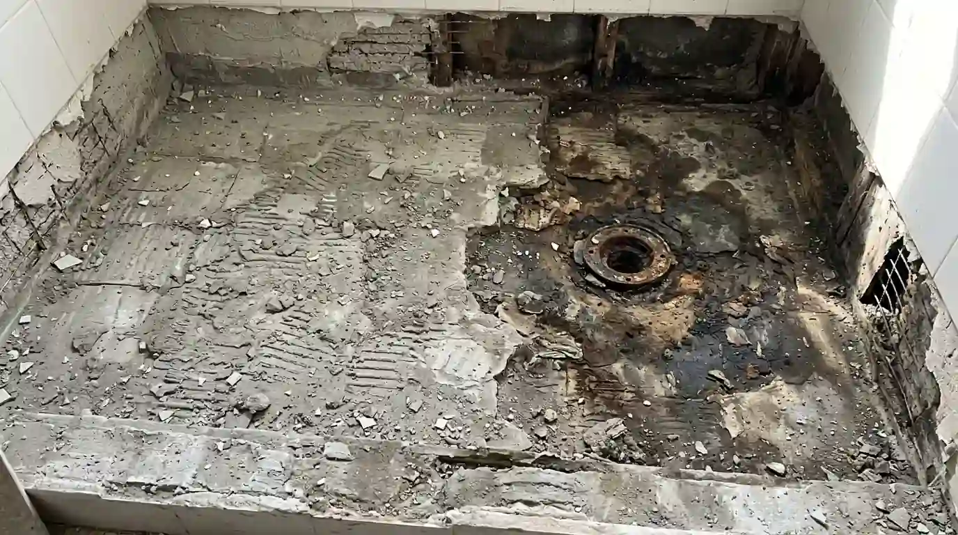 Cracked shower pan and stained subfloor under removed tile