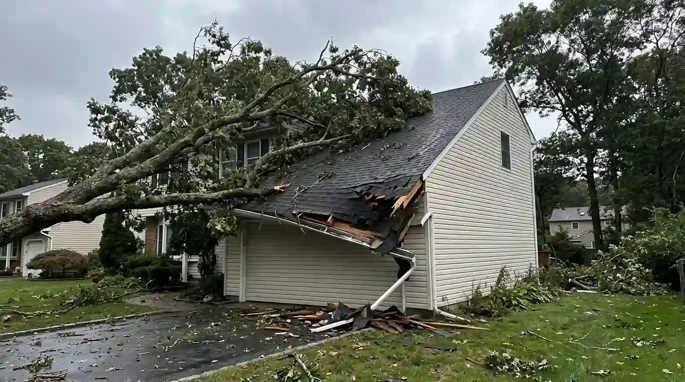 Tree limb resting on a storm-damaged roof
