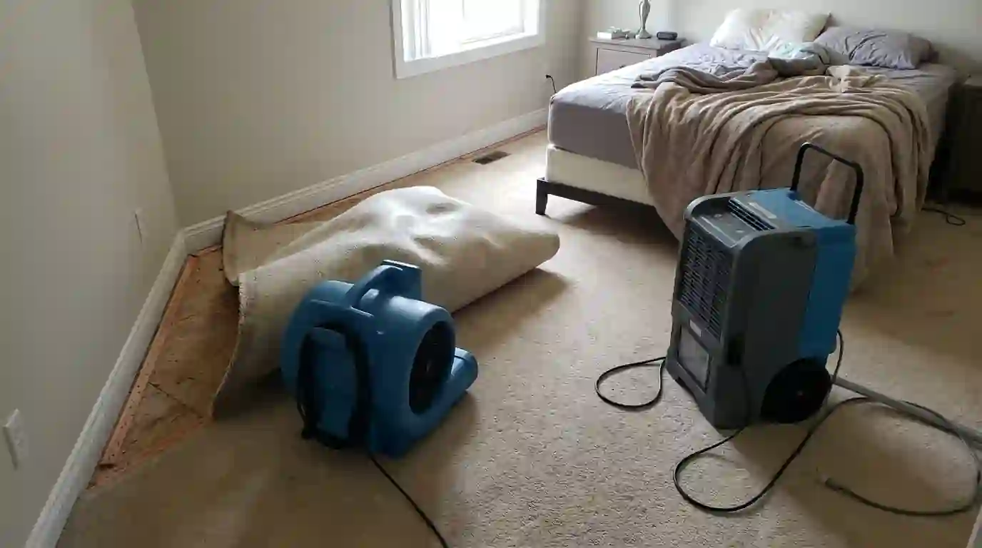 Air mover floating wet carpet to dry the pad