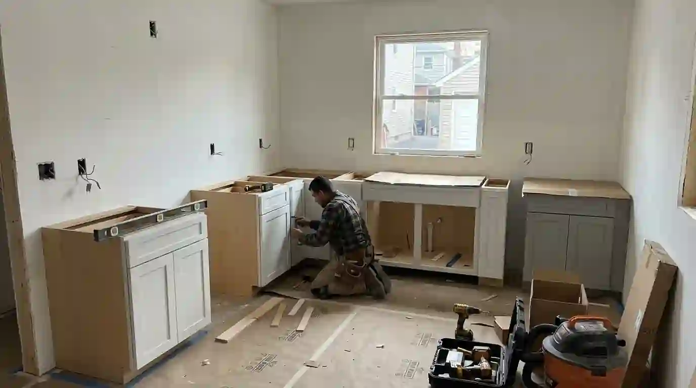 New base cabinets installed in a rebuilt kitchen