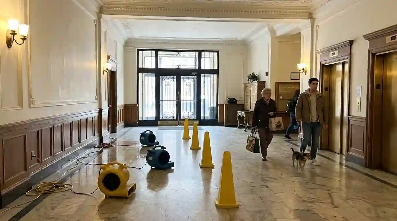 Drying one side of a co-op lobby while residents pass