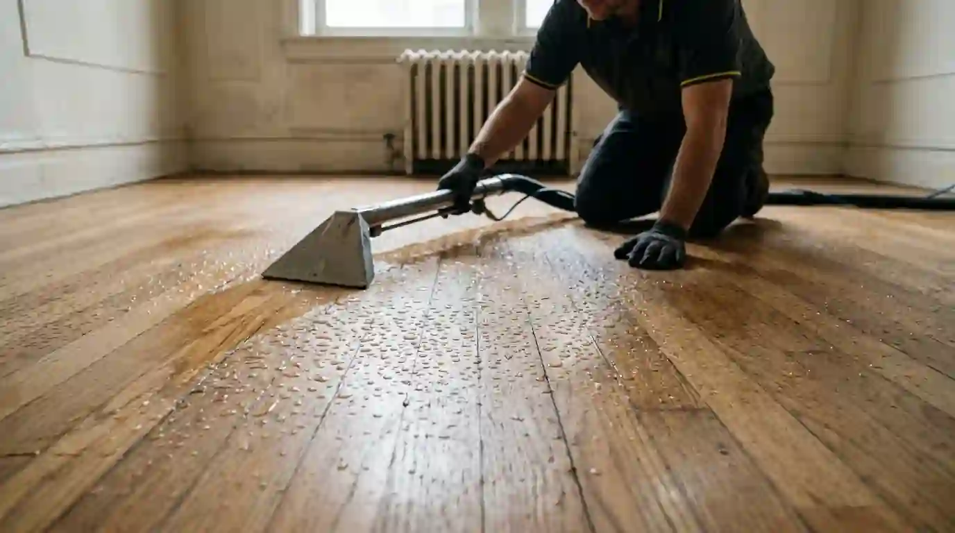 Extraction tool pulling water from an oak strip floor
