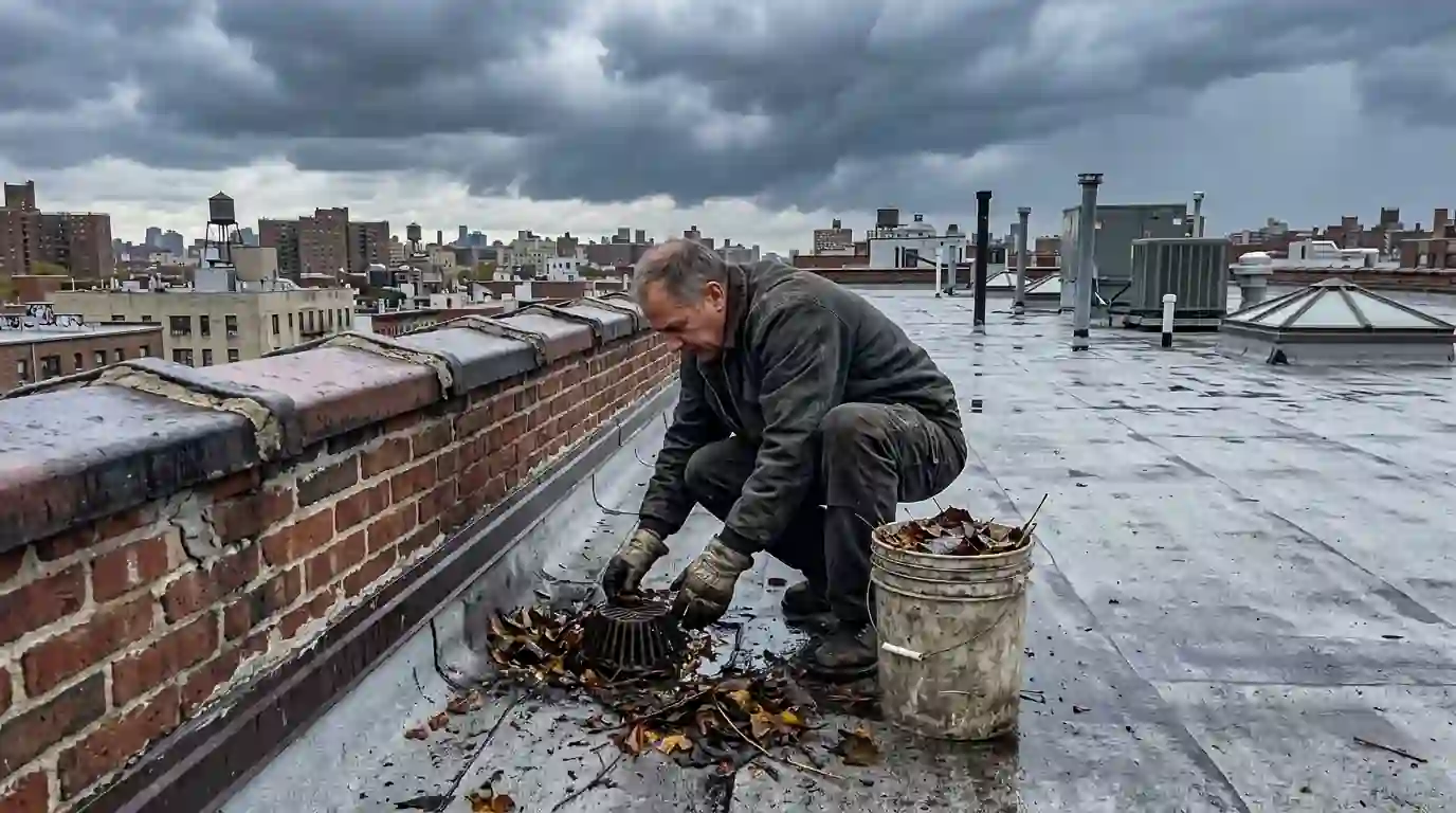 Clearing a roof drain on a flat city roof before a storm